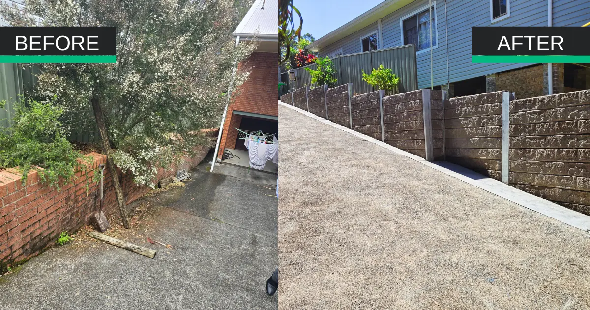 Before and after: an overgrown slope beside a house replaced by a retaining wall and paved path